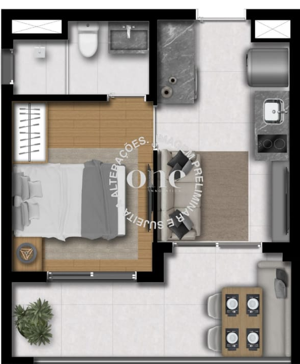 Planta 1 dormitório 30m² do Aimberê